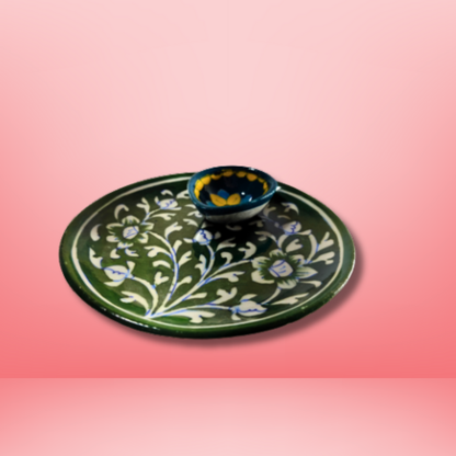 Emerald Blossom Floral Ceramic Diya Plate Combo