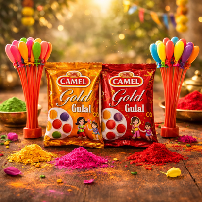 Crimson Gold Holi Gift Hamper – 2 Premium Gulal & Water Balloon Pack