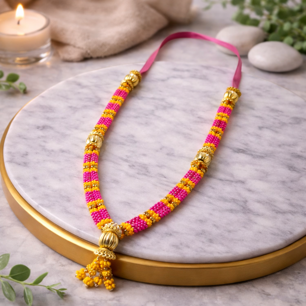 Premium Pink & Yellow Beads Decorative Mala | Designer Garland for Wedding & Festive Ceremony