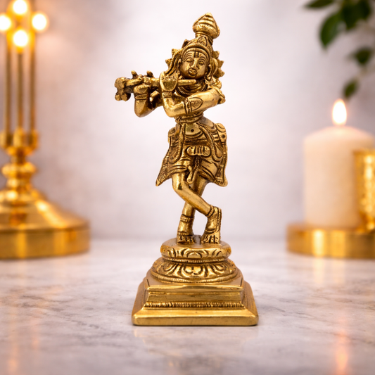 Brass Lord Krishna Idol – Murli Manohar Flute Statue for Home Temple