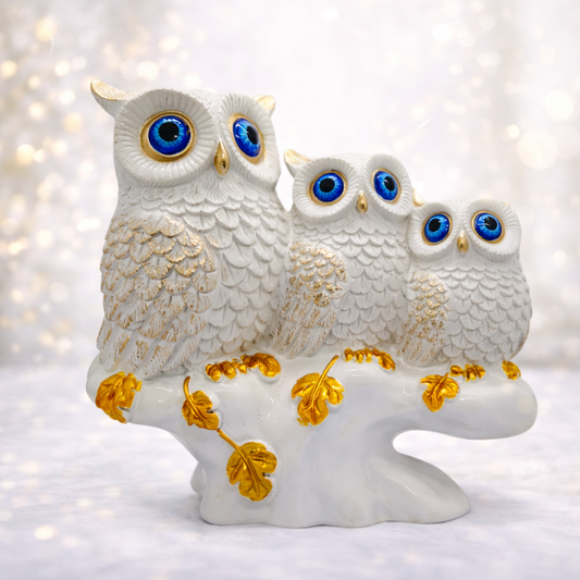 ServPuja White & Gold Three Owl Showpiece – Vastu Lucky Owl Family Statue