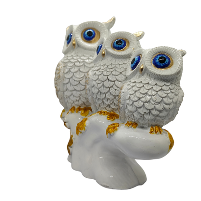 ServPuja White & Gold Three Owl Showpiece – Vastu Lucky Owl Family Statue