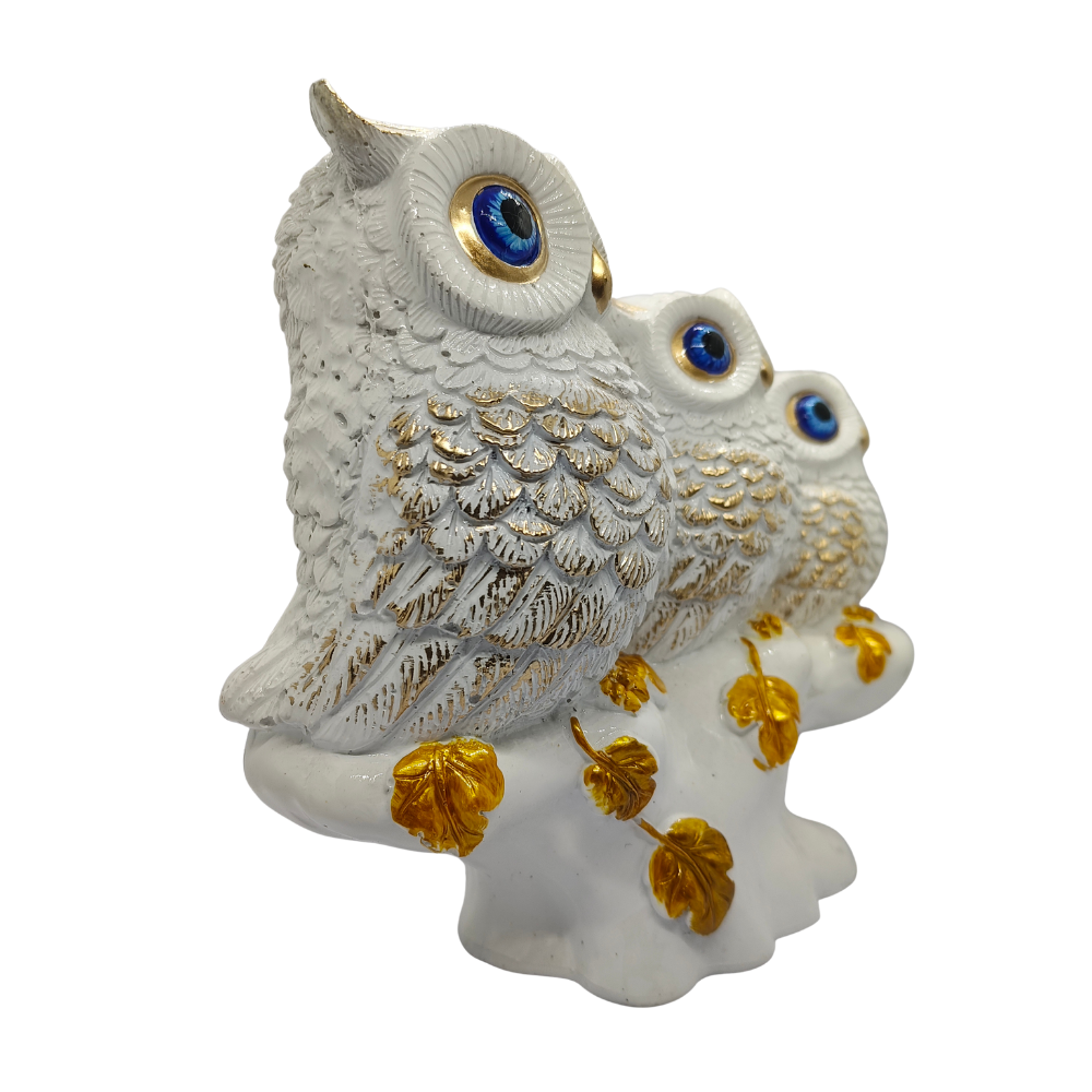 ServPuja White & Gold Three Owl Showpiece – Vastu Lucky Owl Family Statue