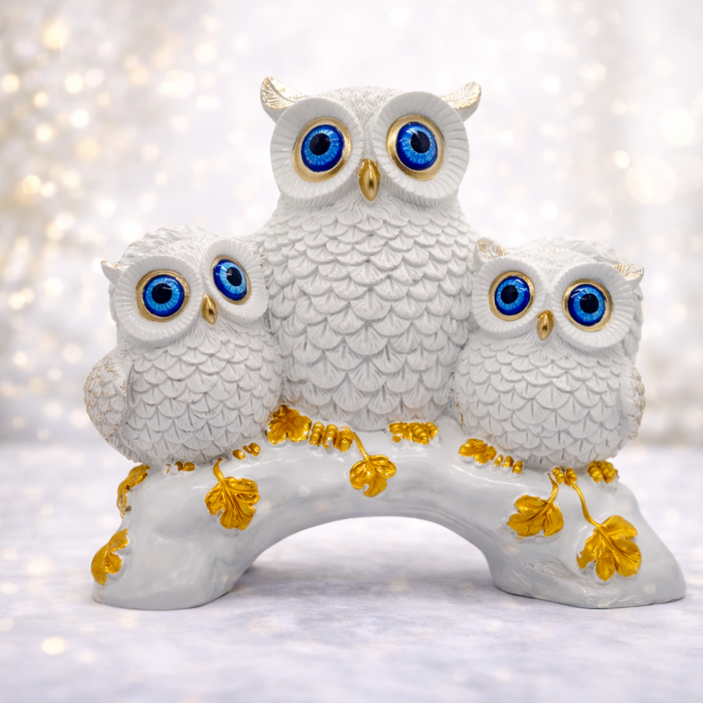 ServPuja Lucky Owl Family Statue – White Gold Vastu Décor