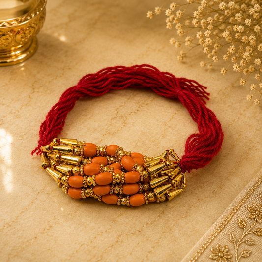 Premium Traditional Rakhi – Orange Beads with Red Sacred Thread & Golden Bead Work