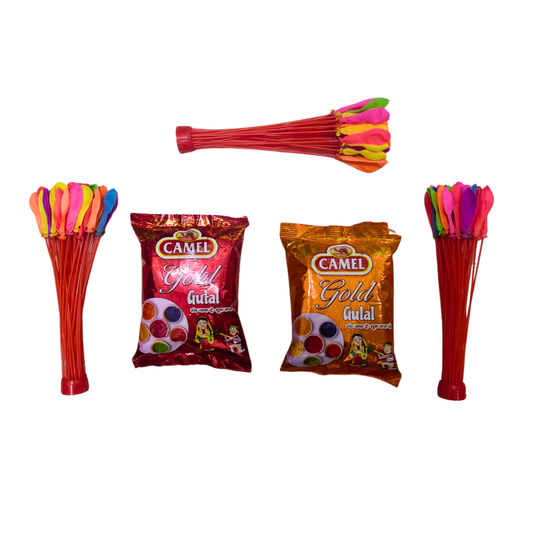 Crimson Gold Holi Gift Hamper – 2 Premium Gulal & Water Balloon Pack