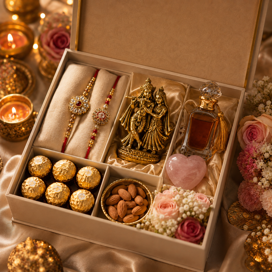 Luxury Raksha Bandhan Gift Hamper with 2 Designer Rakhis & Radha Krishna Idol