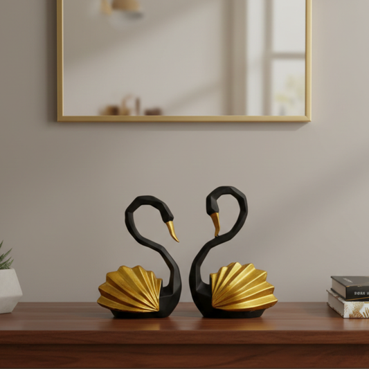 Black & Gold Swan Couple Statue – Premium Home Decor Showpiece