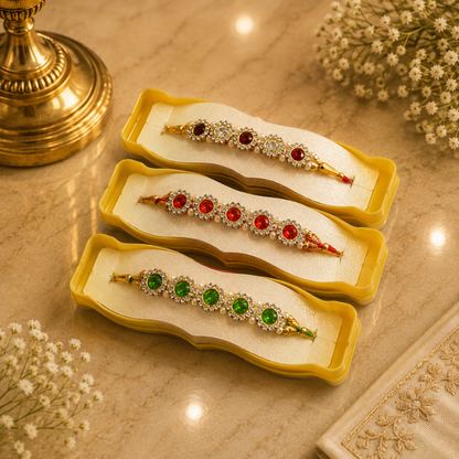 Red & Green Designer Rakhi Set of 3 – Pearl Stone Work Raksha Bandhan Rakhi