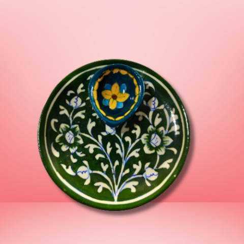 Emerald Blossom Floral Ceramic Diya Plate Combo