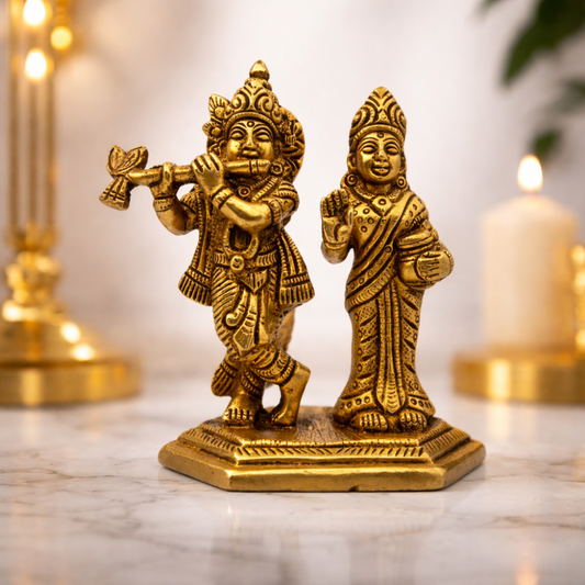 Small Brass Radha Krishna Idol – 5 Inch Decorative Statue for Home Temple & Puja Decor