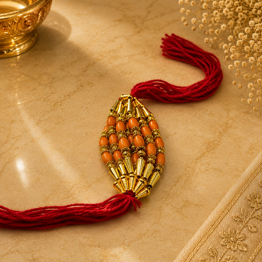 Premium Traditional Rakhi – Orange Beads with Red Sacred Thread & Golden Bead Work