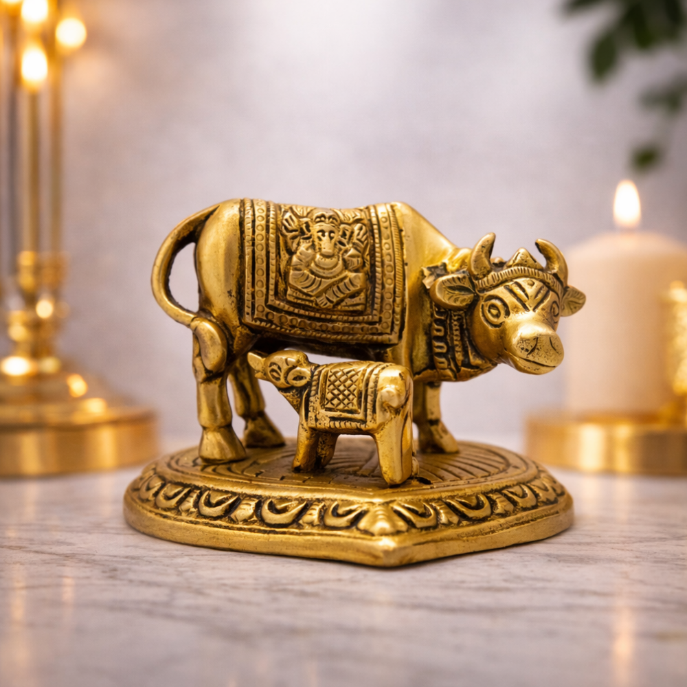Brass Kamdhenu Cow and Calf Idol – Vastu Gau Mata Statue for Home Temple