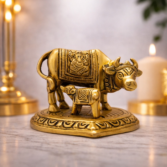 Brass Kamdhenu Cow and Calf Idol – Vastu Gau Mata Statue for Home Temple
