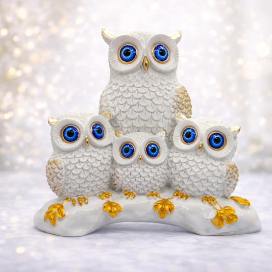 ServPuja Owl Family Statue for Home Décor – White Gold Decorative Idol
