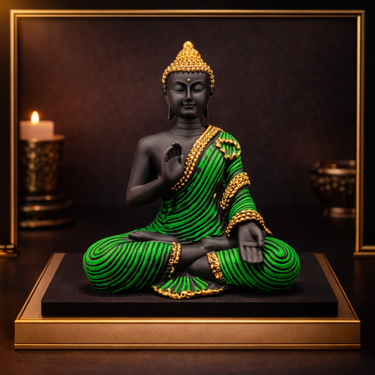 Blessing Buddha Statue – Green & Gold Meditation Idol for Peace & Prosperity