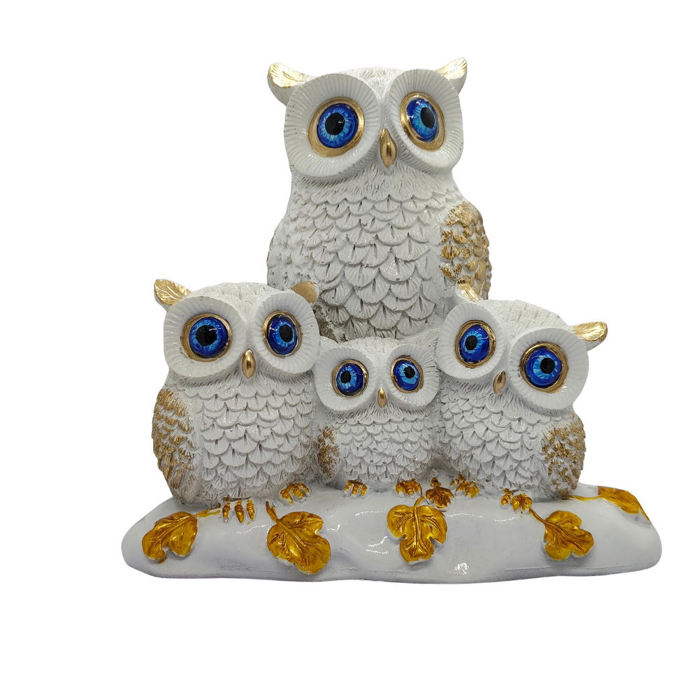 ServPuja Owl Family Statue for Home Décor – White Gold Decorative Idol