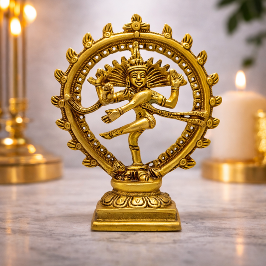 Golden Brass Nataraja Statue – Shiva Dancing Form Mandir Decor