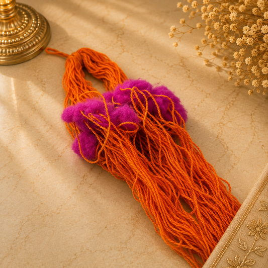 Festive Lumba Rakhi – Orange Thread with Purple Wool Tassel Work for Raksha Bandhan