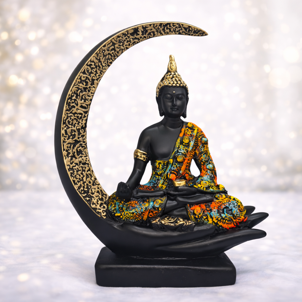Meditating Buddha Idol with Crescent Moon Design – Black & Multicolor Finish