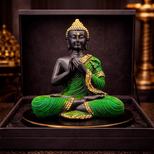 Green & Gold Buddha Statue in Dharmachakra Mudra for Home Decor
