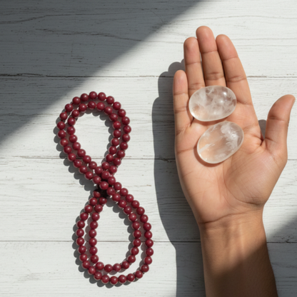 Crystal Clarity Healing Combo – Sphatik Palm Stones with Energy Red Beads Mala ( Perfume Free)