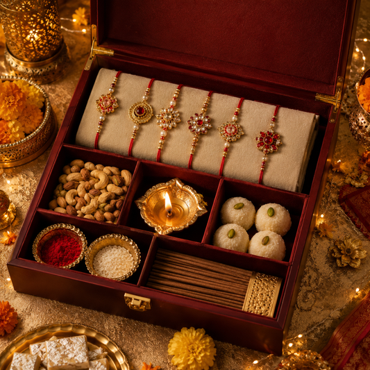 Luxury Raksha Bandhan Family Hamper with 6 Rakhis & Diya