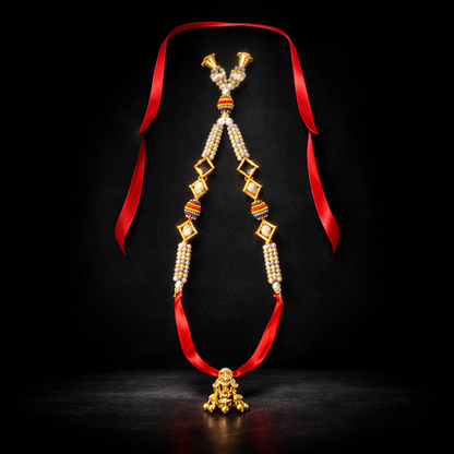 Premium Designer Ribbon Mala with Golden Pendant | Decorative Wedding & Welcome Garland