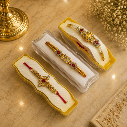 Elegant Designer Rakhi Combo Set of 3 – Red Pearl & Kundan Stone Work Rakhi