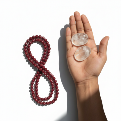 Crystal Clarity Healing Combo – Sphatik Palm Stones with Energy Red Beads Mala ( Perfume Free)