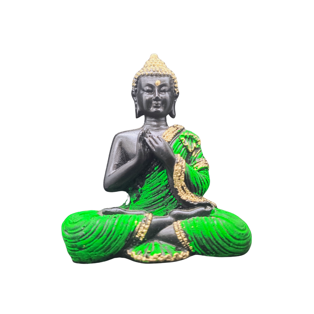 Green & Gold Buddha Statue in Dharmachakra Mudra for Home Decor