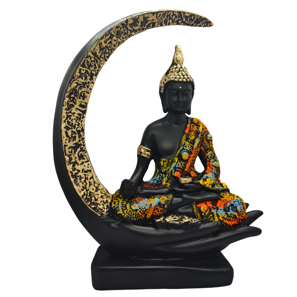 Meditating Buddha Idol with Crescent Moon Design – Black & Multicolor Finish