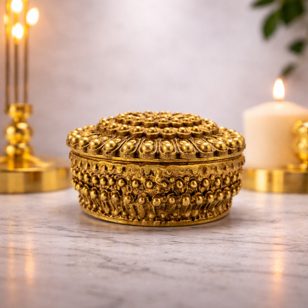 Golden Brass Round Jewelry & Kumkum Box – Spiritual Home Decor