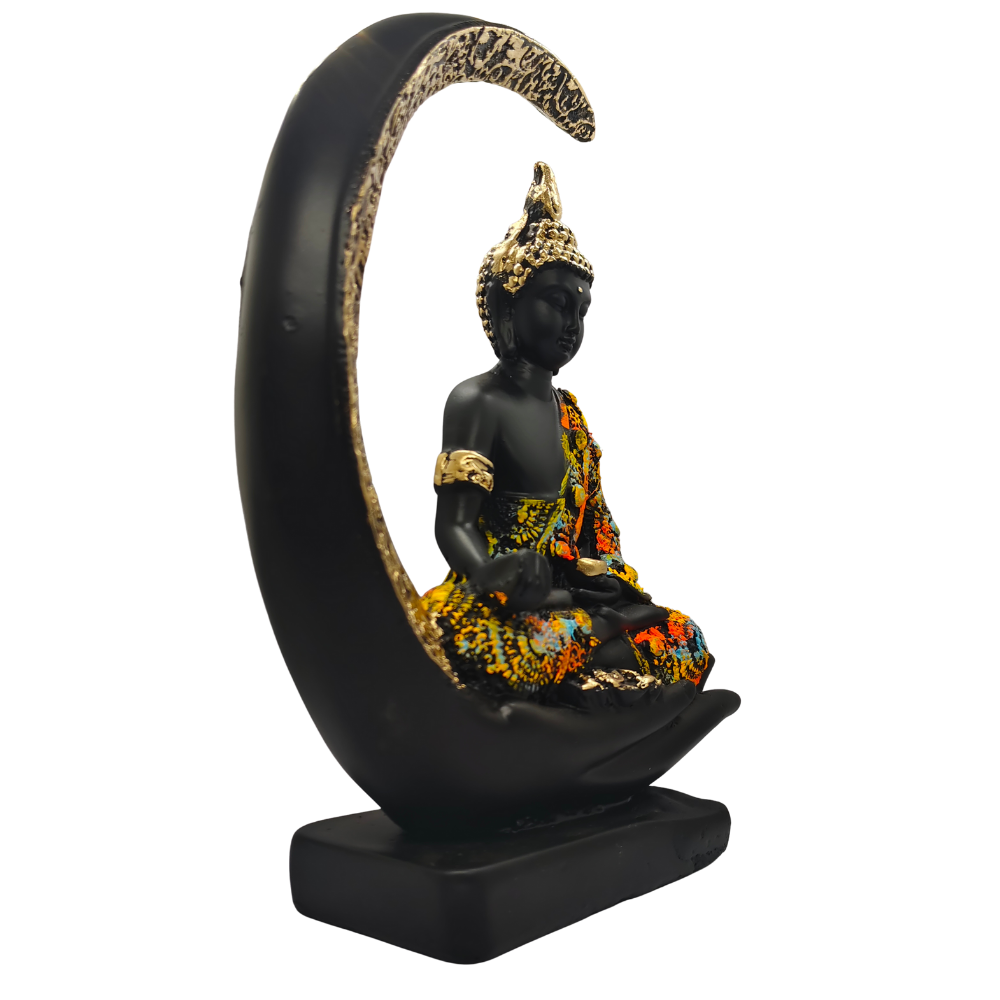 Meditating Buddha Idol with Crescent Moon Design – Black & Multicolor Finish