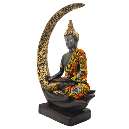 Meditating Buddha Idol with Crescent Moon Design – Black & Multicolor Finish