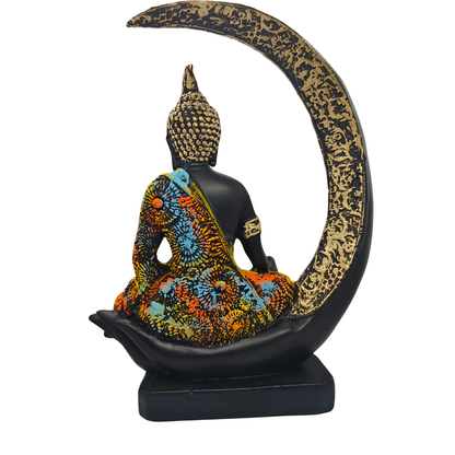 Meditating Buddha Idol with Crescent Moon Design – Black & Multicolor Finish