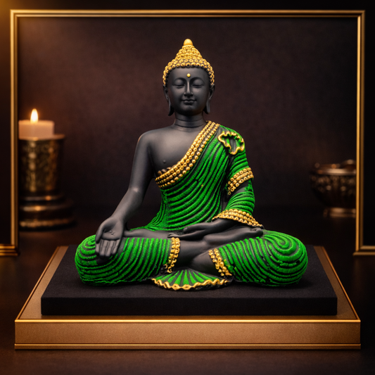 Green & Gold Meditating Buddha Idol in Bhumisparsha Mudra for Home Decor