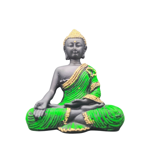 Green & Gold Meditating Buddha Idol in Bhumisparsha Mudra for Home Decor
