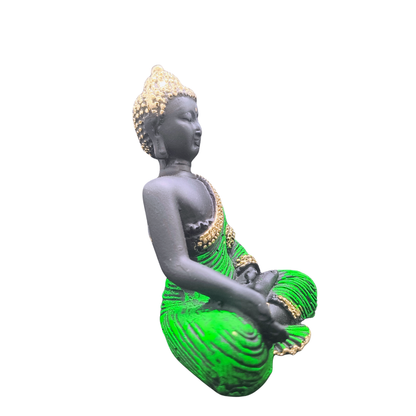 Green & Gold Meditating Buddha Idol in Bhumisparsha Mudra for Home Decor