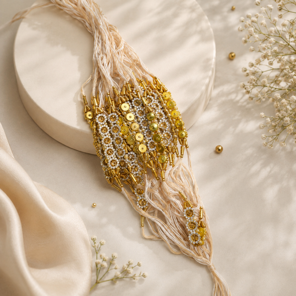 Traditional Lumba Rakhi – White Thread with Golden Bead & Stone Work