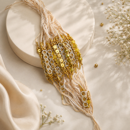 Traditional Lumba Rakhi – White Thread with Golden Bead & Stone Work