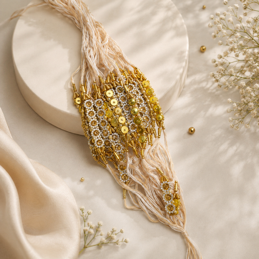 Traditional Lumba Rakhi – White Thread with Golden Bead & Stone Work