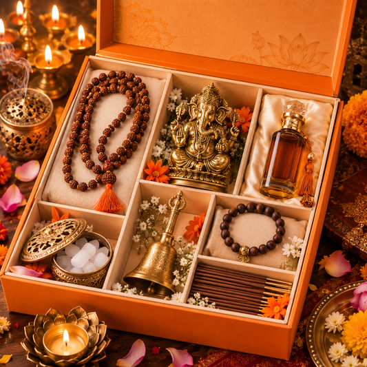 Luxury Spiritual Gift Hamper with Rudraksha Mala, Ganesh Idol, Premium Attar & Pooja Essentials