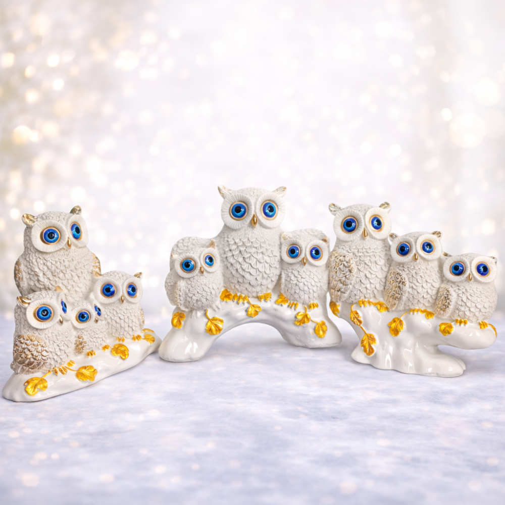 White Owl Family Decorative Showpiece Set (Set of 3) – Blue Eyes & Gold Detailing