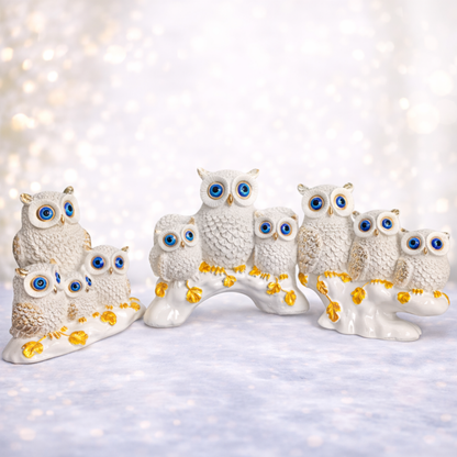 White Owl Family Decorative Showpiece Set (Set of 3) – Blue Eyes & Gold Detailing