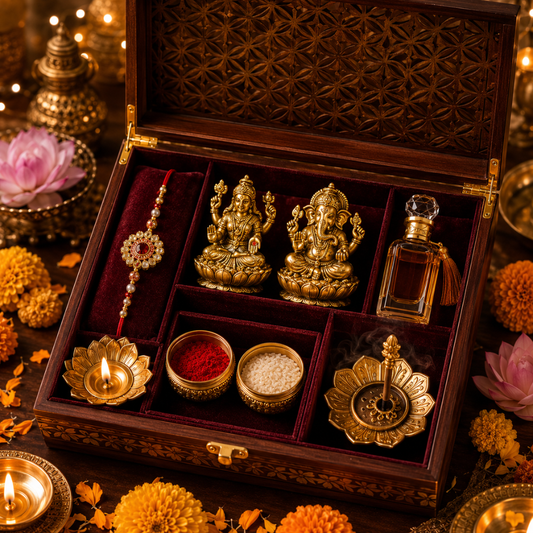 Luxury Lakshmi Ganesh Rakhi Gift Hamper with Premium Attar, Brass Diya & Pooja Essentials