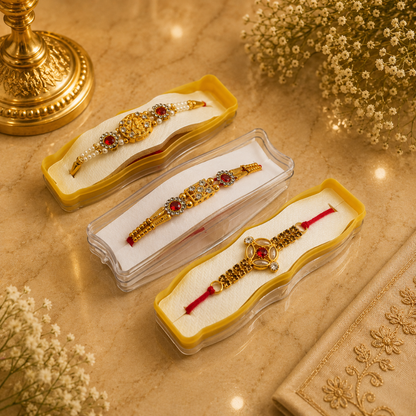 Elegant Designer Rakhi Combo Set of 3 – Red Pearl & Kundan Stone Work Rakhi