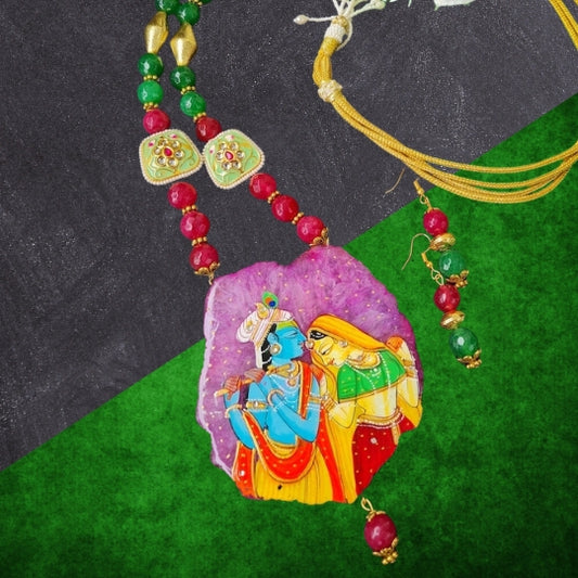 Hand Painted Agate Radha Krishna Necklace