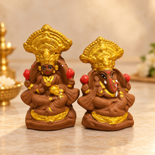 Natural Cow Dung Lakshmi Ganesh Ji Idol Set with Golden Finish for Diwali Pooja