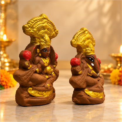 Natural Cow Dung Lakshmi Ganesh Ji Idol Set with Golden Finish for Diwali Pooja